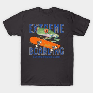 Funny and cute flying through the air riding a skateboard Red eyed tree frog having fun T-Shirt